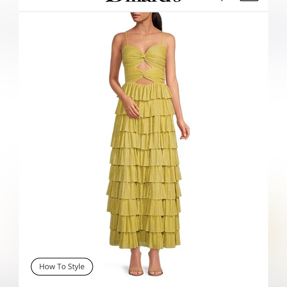 Gianni Bini Grace Metallic Plisse Sweetheart Neck Cut-Out Tiered Dress